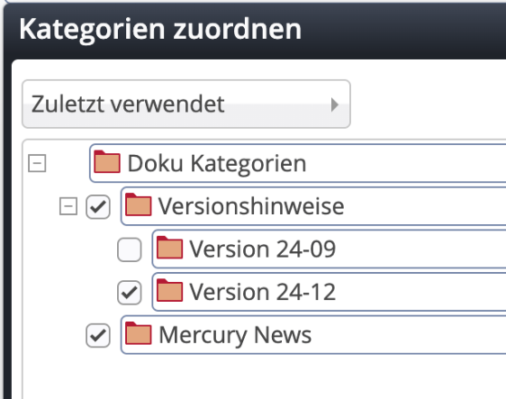 View of the most recently used categories