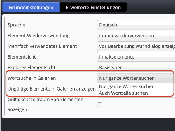 Benutzereinstellung für die Galeriesuche