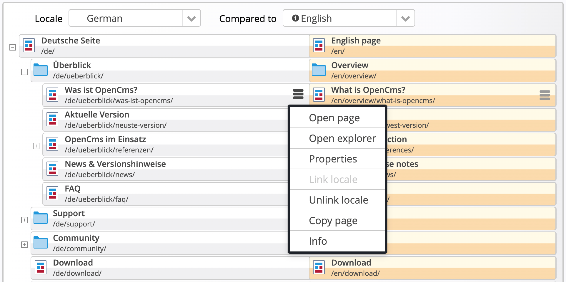 Sprachvergleich-Dialog in der Sitemap