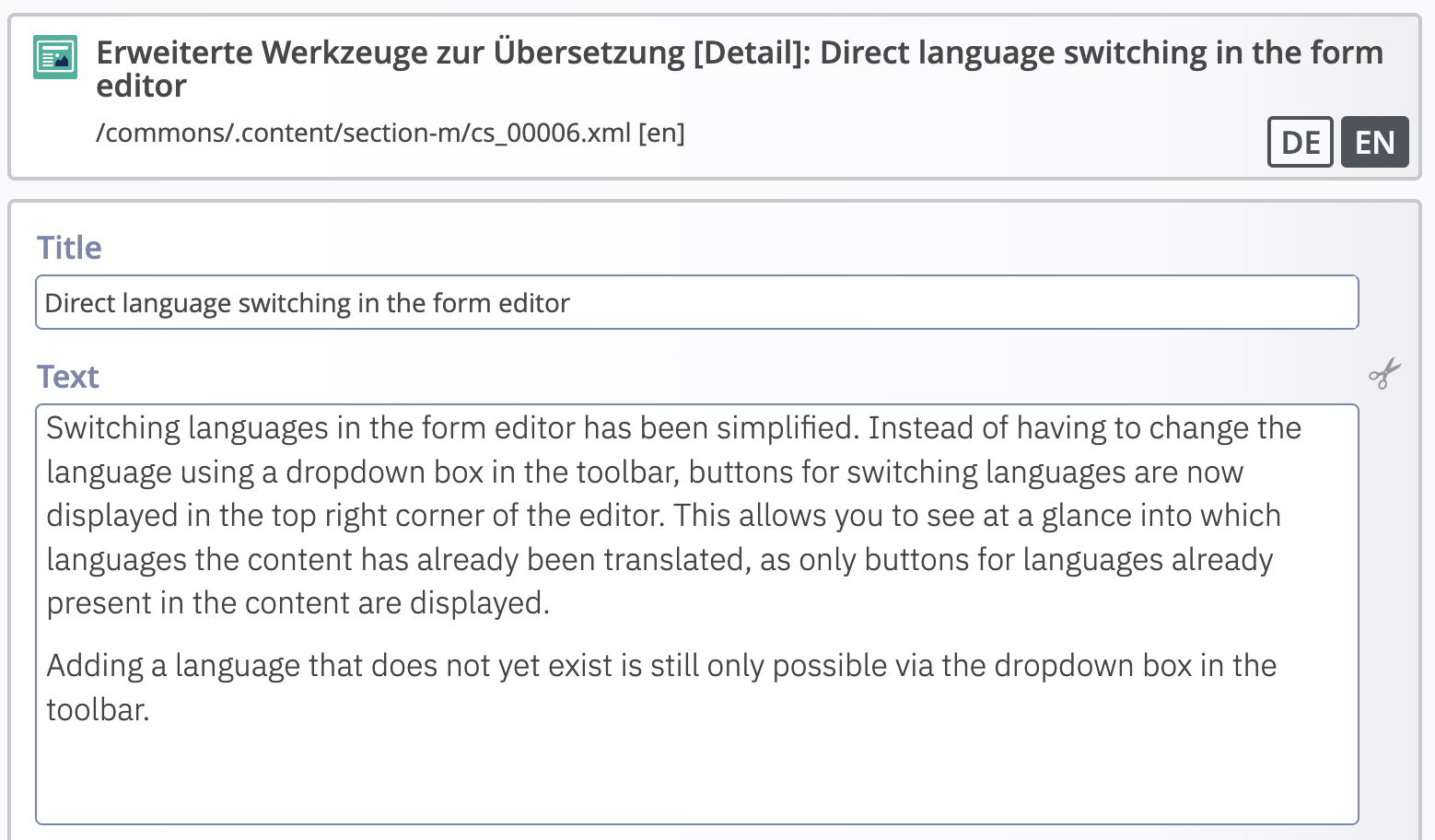 Language switching buttons in the form editor